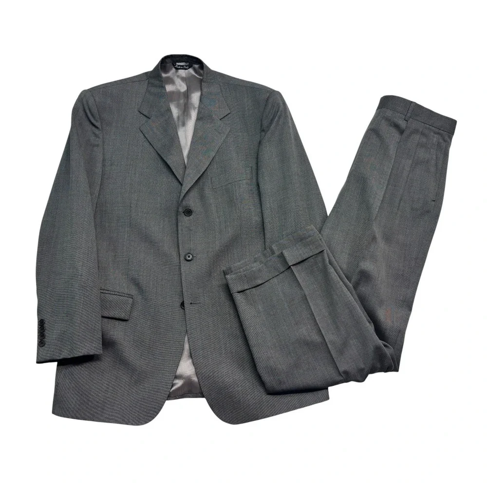 vtg Zanieri Italy 40R 34x29 Gray Micro Check 2pc Pant Suit Pleated High Waisted
